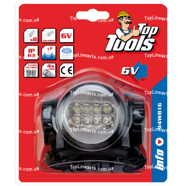 Фонарик налобный 8 диодов Top Tools 94W816 94W816 фото