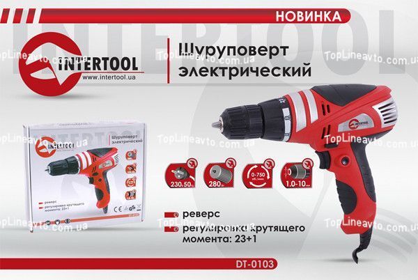 Шуруповерт 280Вт, 230В, 0-750об/мин, 1.0-10мм, реверс, момент фиксации 23+1 INTERTOOL DT-0103 DT-0103 фото